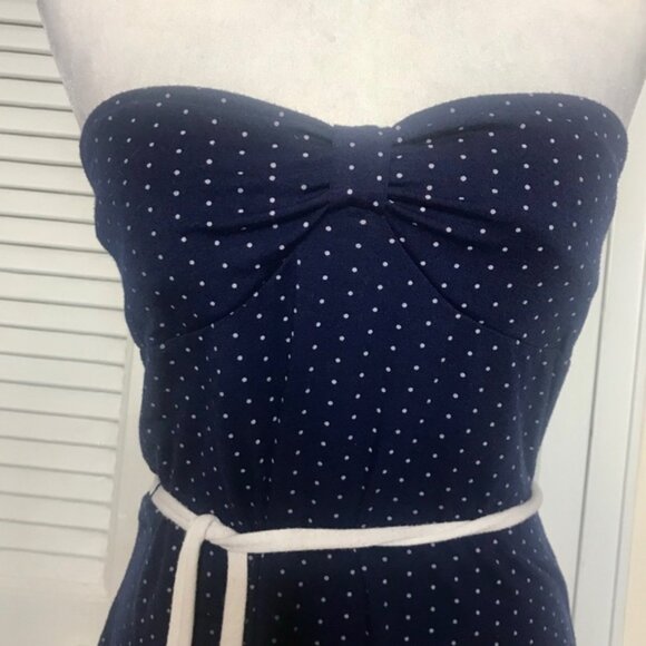 Vintage Strapless Navy Dress w/ White Polka Dots - Picture 2 of 4